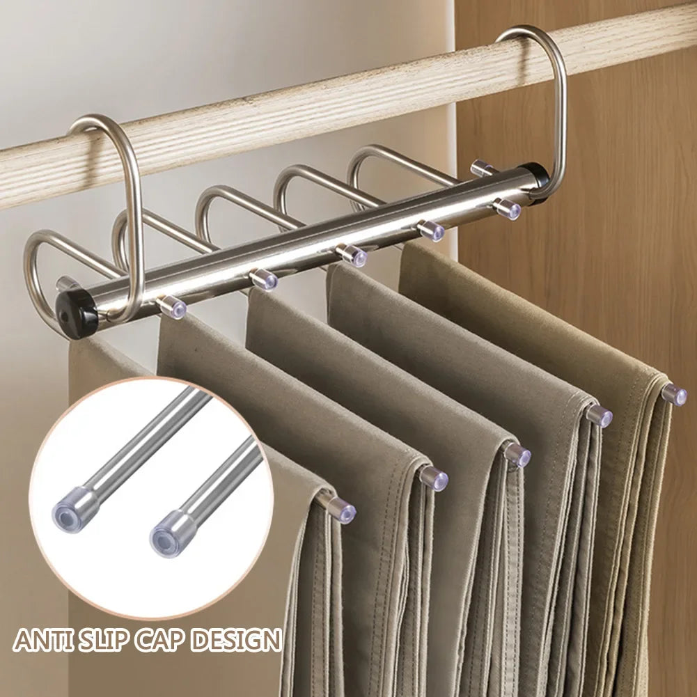 Folding Magic Pants Hangers - 5/9 Layers Stainless Steel Space-Saving Clothes Rack Organizer for Wardrobe, Jeans & Trousers