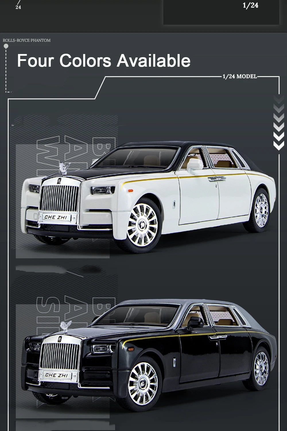 1:24 Rolls Royce Phantom Diecast Model Car – Pull Back Toy with Lights & Music