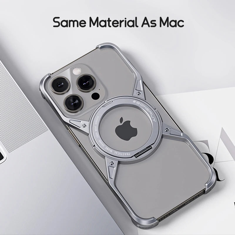 Metal Aluminum Alloy Magnetic Frameless Phone Case for iPhone 13/14/15 Pro Max - 360° Rotating Bumper, Shockproof Design