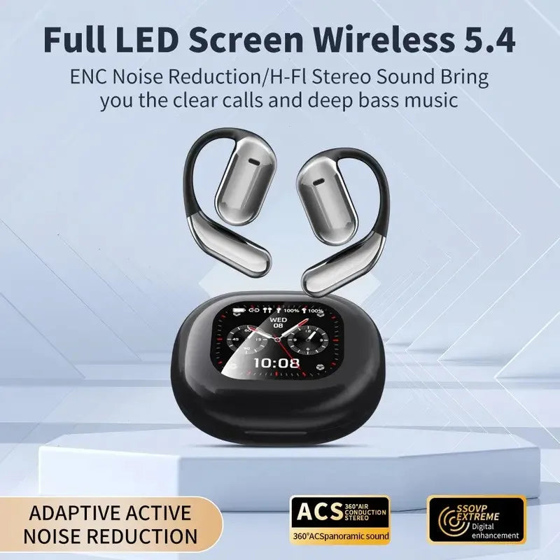 Open Ear Bluetooth Earbuds with Touch Screen Case - ANC Noise Cancelling Wireless Ear Hook Headphones