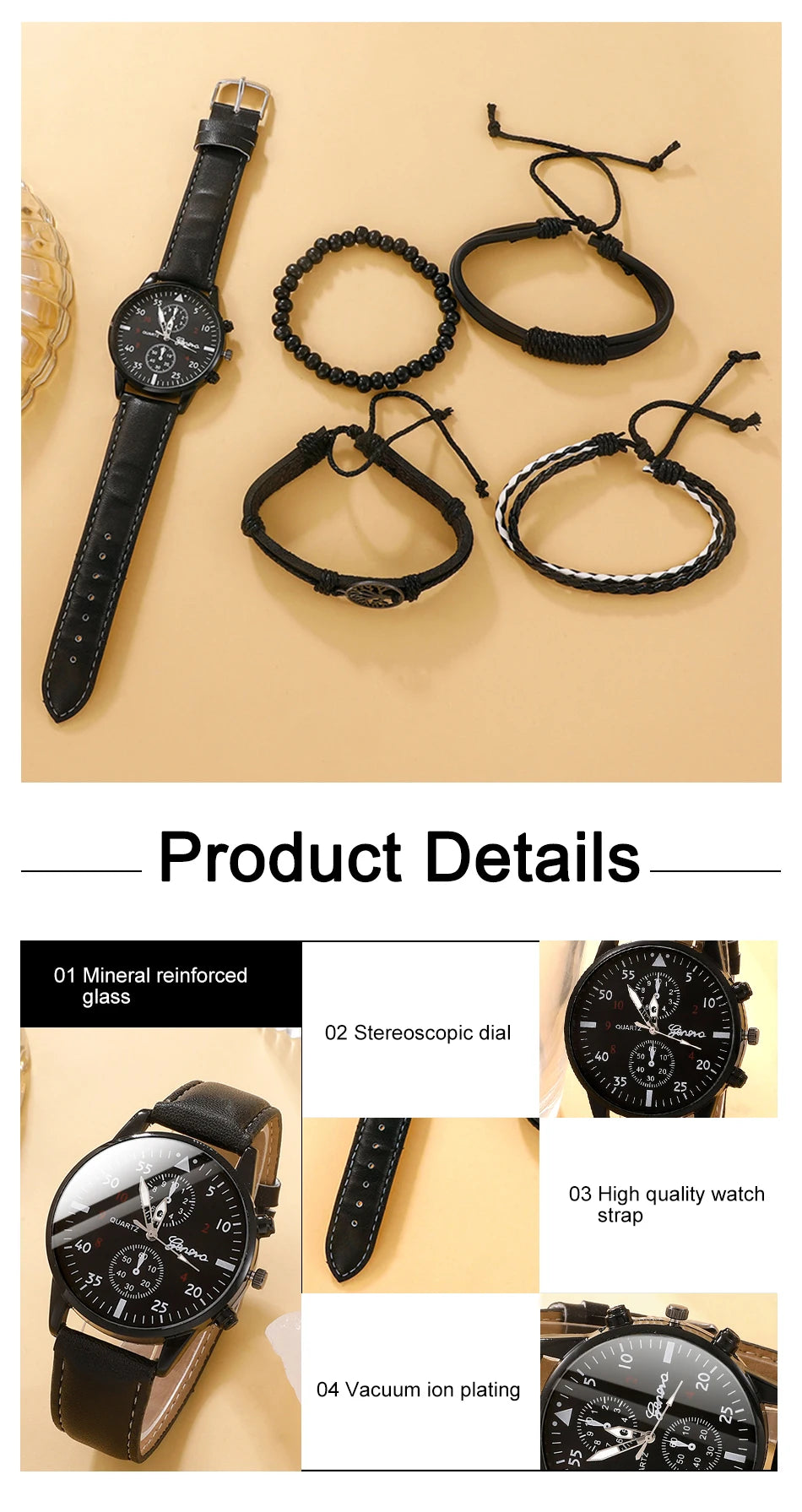 5-Piece Men's Fashion Watch & Bracelet Set – Sports Style, Leather Band Quartz Wristwatch