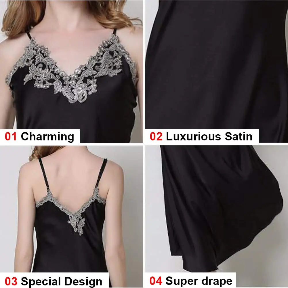Women's Lace Satin Long Nightdress - Elegant Chemise Sleepwear