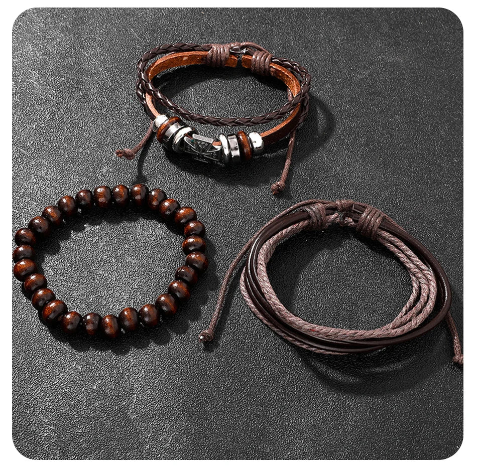 Men's 4-Piece Luxury Watch & Bracelet Set – Black Big Dial, Leather Band Quartz Watch