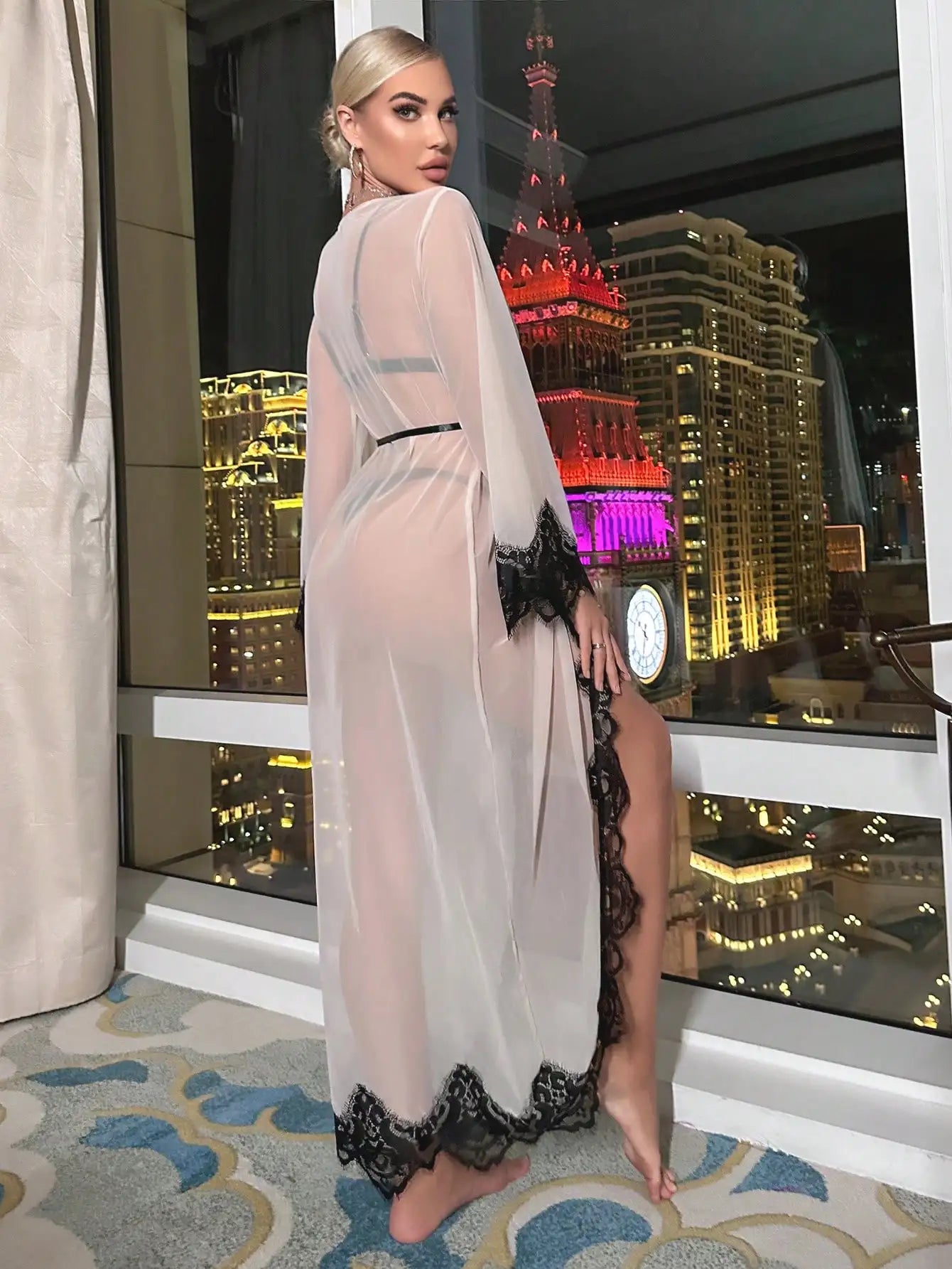 Contrast Lace Mesh See-Through Night Robe - Women's Long Sleeve Lingerie