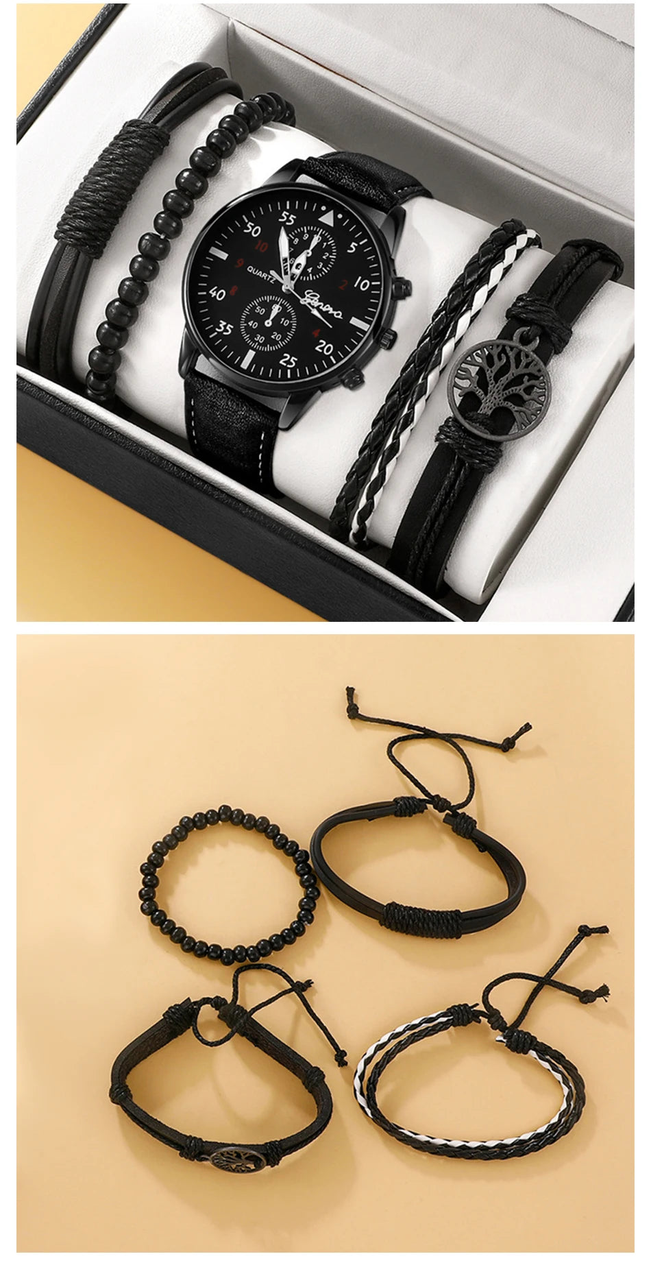 5-Piece Men's Fashion Watch & Bracelet Set – Sports Style, Leather Band Quartz Wristwatch