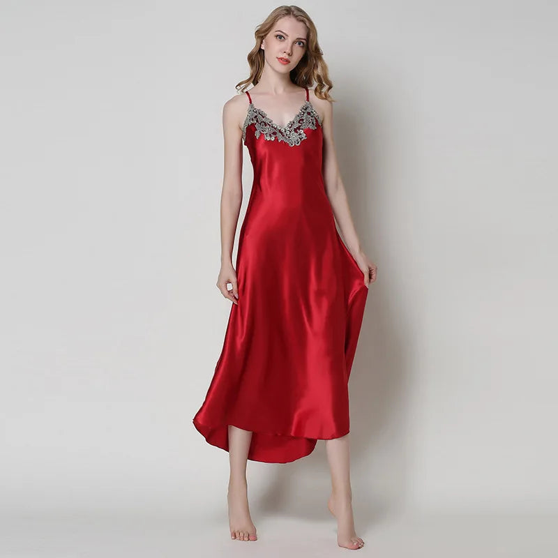 Women's Lace Satin Long Nightdress - Elegant Chemise Sleepwear