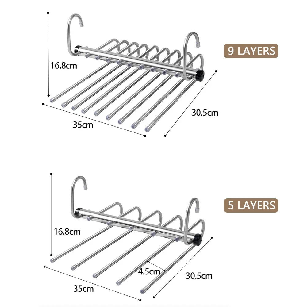 Folding Magic Pants Hangers - 5/9 Layers Stainless Steel Space-Saving Clothes Rack Organizer for Wardrobe, Jeans & Trousers