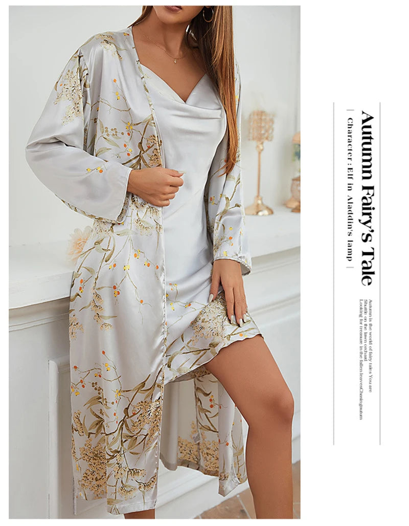 Women's Silk-Feel Floral Pajama & Night Robe Set - 2-Piece Homewear