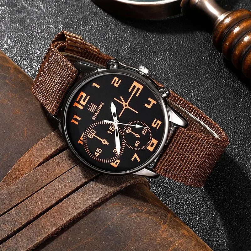 Men's 4-Piece Luxury Watch & Bracelet Set – Black Big Dial, Leather Band Quartz Watch