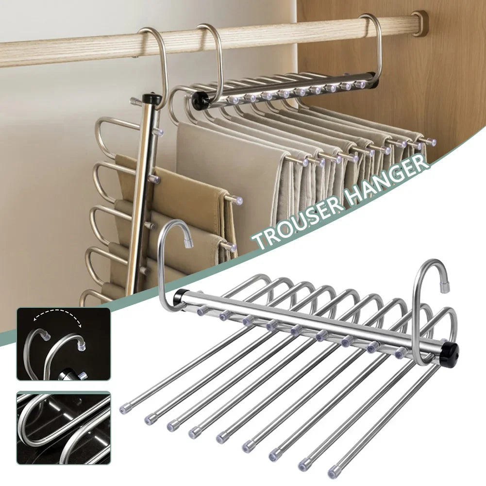 Folding Magic Pants Hangers - 5/9 Layers Stainless Steel Space-Saving Clothes Rack Organizer for Wardrobe, Jeans & Trousers