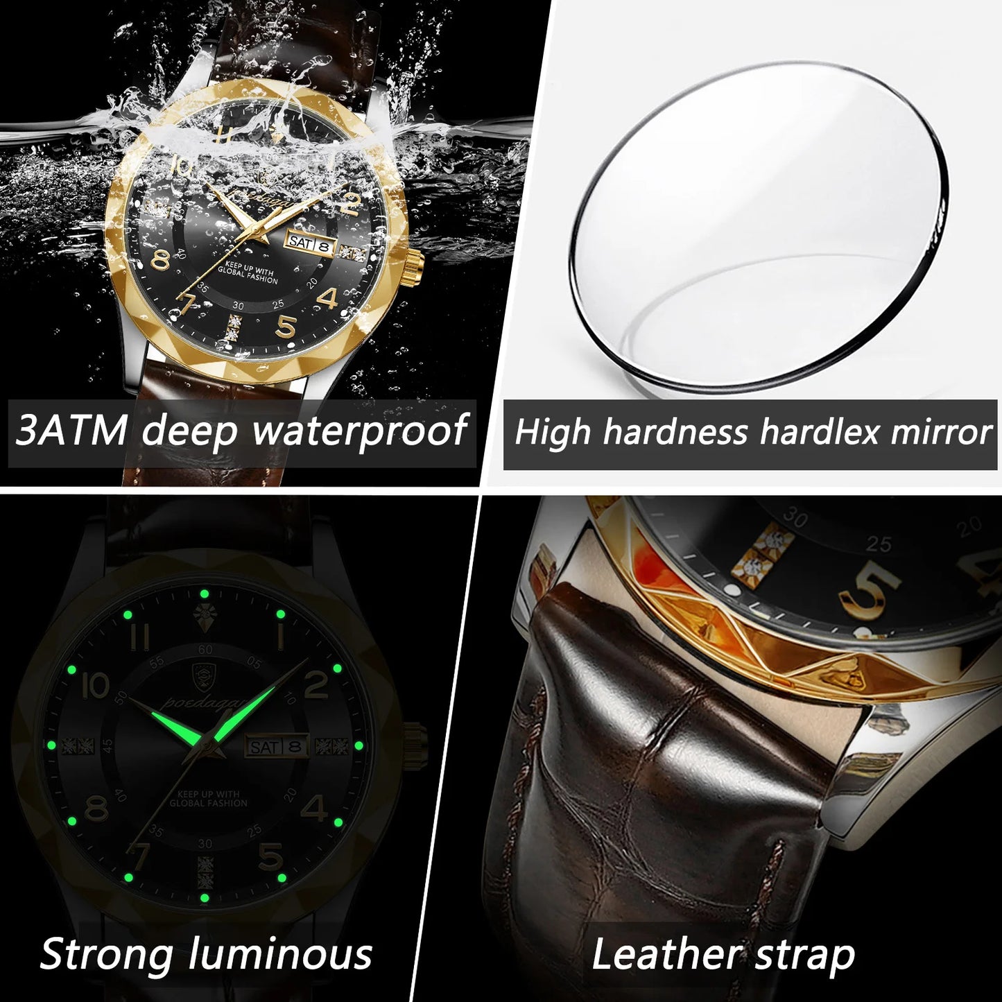 Luxury Men's Waterproof Sports Watch – Quartz Leather Wristwatch with Date & Week Display