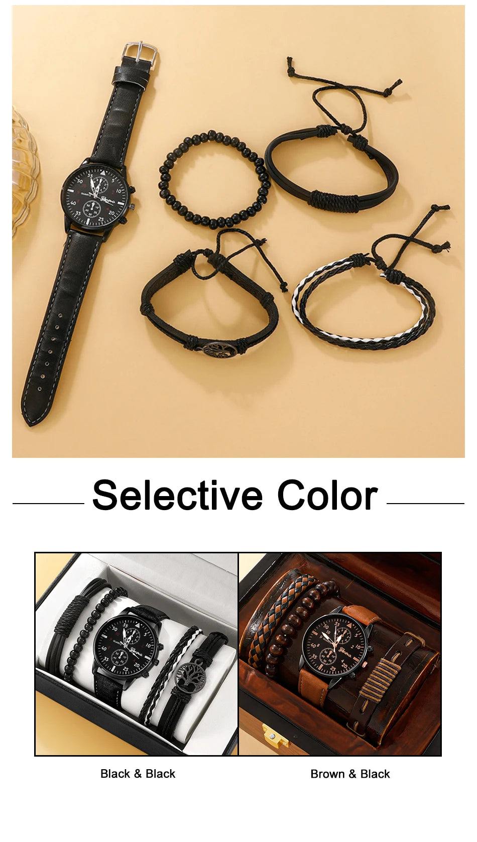 5-Piece Men's Fashion Watch & Bracelet Set – Sports Style, Leather Band Quartz Wristwatch