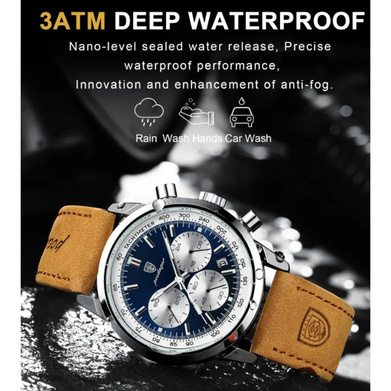 Men's Luxury Waterproof Chronograph Watch – Luminous Leather Quartz Wristwatch
