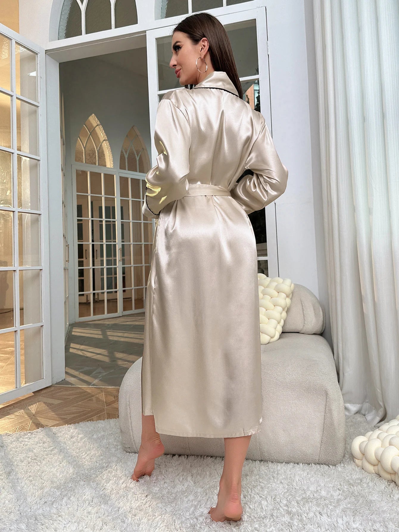 Women's Satin Long Sleeve Night Robe with Belt - V Neck Sleepwear