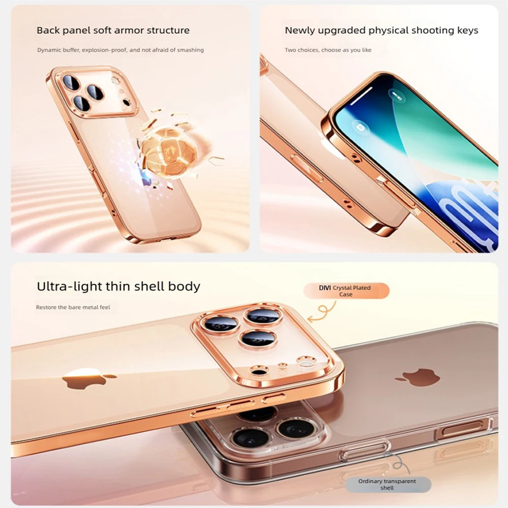 Clear Plating Case For Iphone 17 Pro & Pro Max – Shockproof Transparent TPU Cover With Lens Protector & Plating Bumper