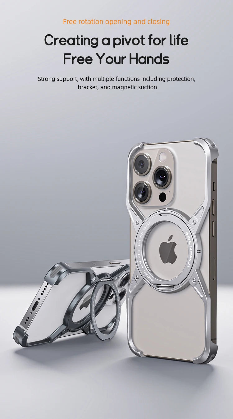 Metal Aluminum Alloy Magnetic Frameless Phone Case for iPhone 13/14/15 Pro Max - 360° Rotating Bumper, Shockproof Design