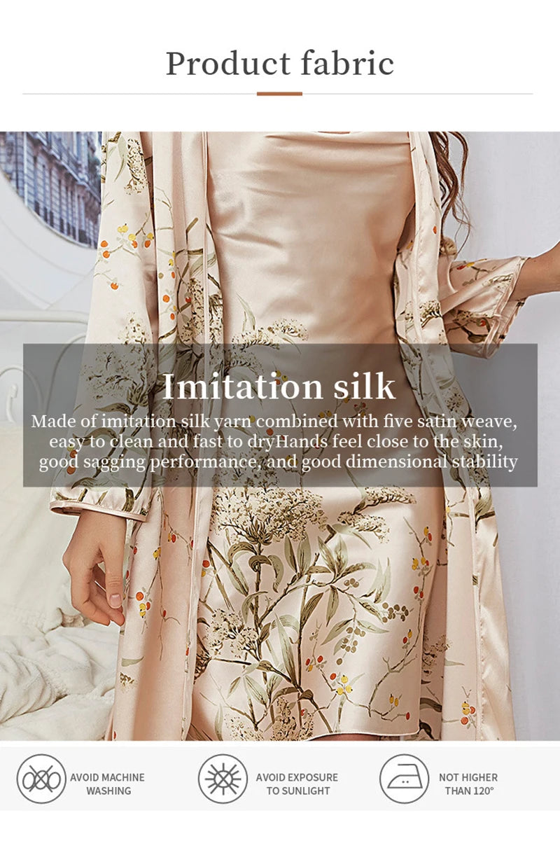 Women's Silk-Feel Floral Pajama & Night Robe Set - 2-Piece Homewear