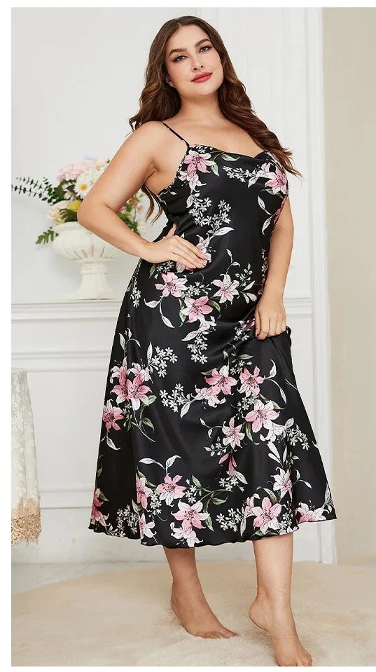 XL-5XL Women's Satin Nightgown - Loose Fit Summer Loungewear