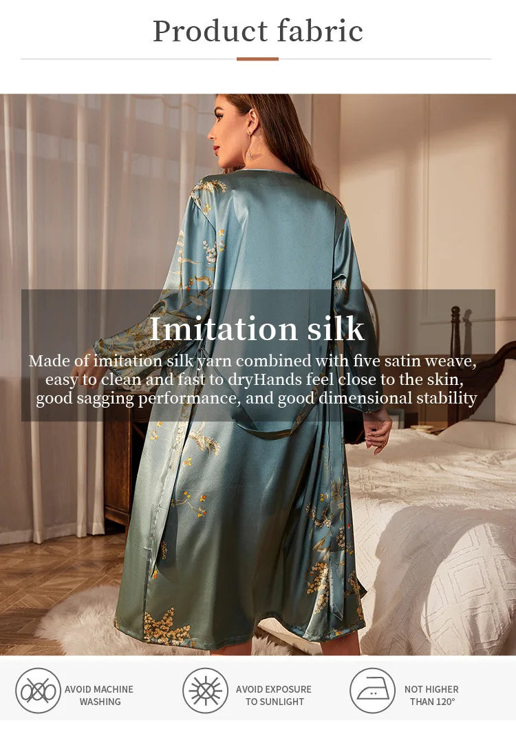Floral Print Satin Kimono Robe - Women's Long Bathrobe Sleepwear
