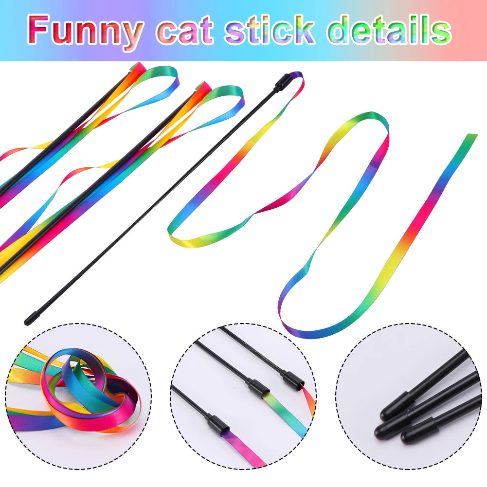 3Pcs Cat Teaser Wand Toy – Rainbow Ribbon Stick for Interactive Indoor Play