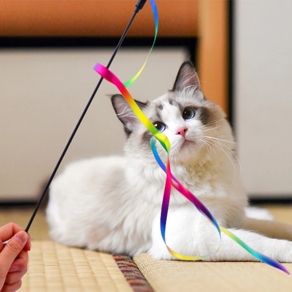 3Pcs Cat Teaser Wand Toy – Rainbow Ribbon Stick for Interactive Indoor Play