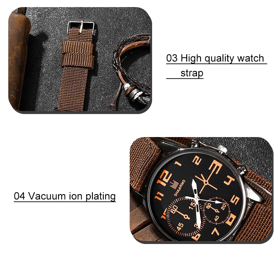 Men's 4-Piece Luxury Watch & Bracelet Set – Black Big Dial, Leather Band Quartz Watch