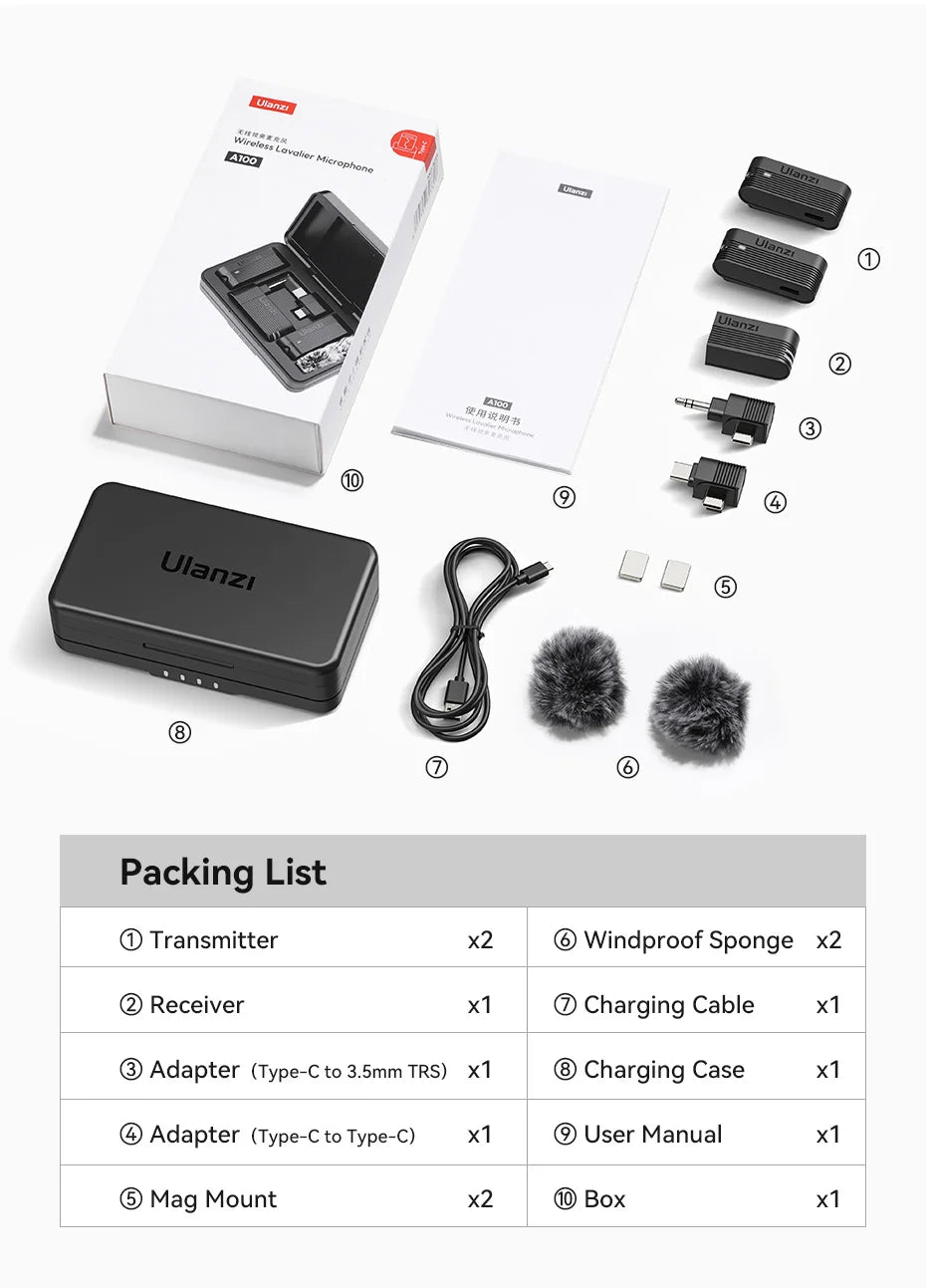 Ulanzi A100 Wireless Lavalier Microphone for iPhone & Camera