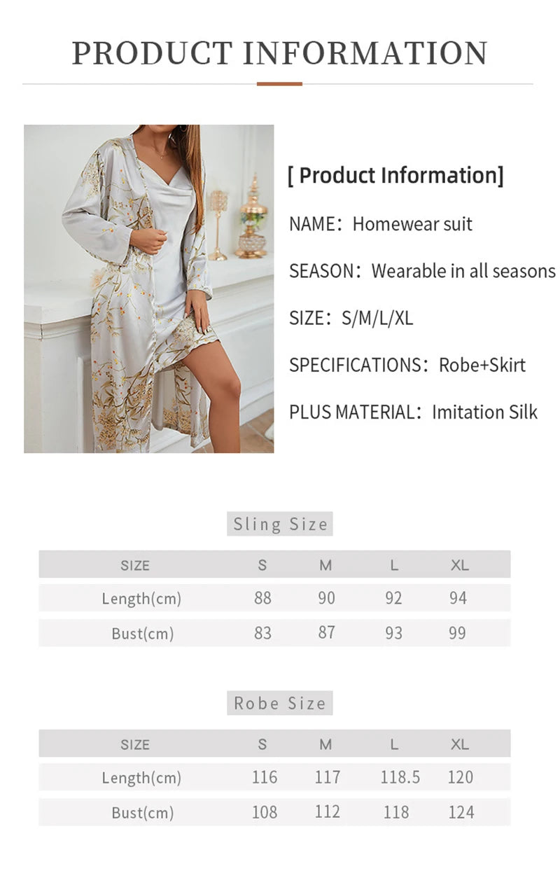 Women's Silk-Feel Floral Pajama & Night Robe Set - 2-Piece Homewear