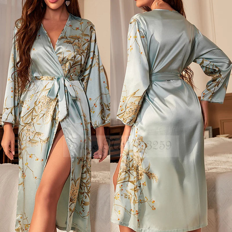 Floral Print Satin Kimono Robe - Women's Long Bathrobe Sleepwear