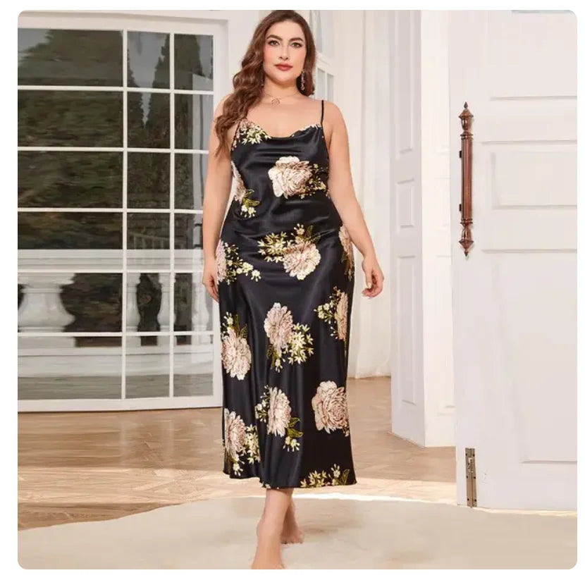 XL-5XL Women's Satin Nightgown - Loose Fit Summer Loungewear