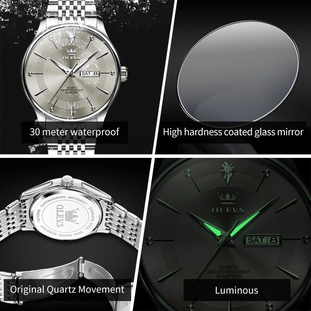 Men's Business Quartz Watch – Waterproof Stainless Steel with Luminous Hands & Date Display
