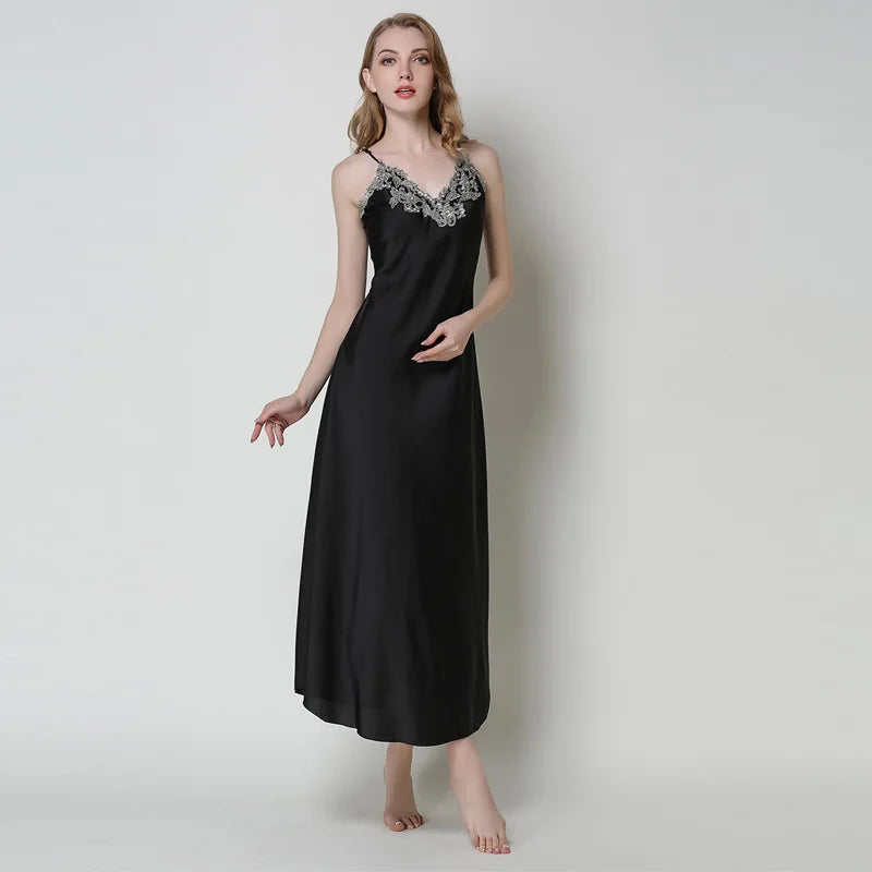Women's Lace Satin Long Nightdress - Elegant Chemise Sleepwear