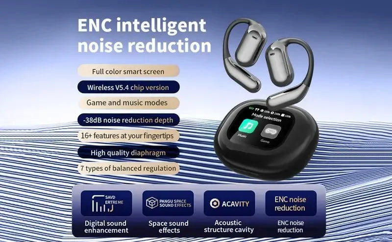 Open Ear Bluetooth Earbuds with Touch Screen Case - ANC Noise Cancelling Wireless Ear Hook Headphones