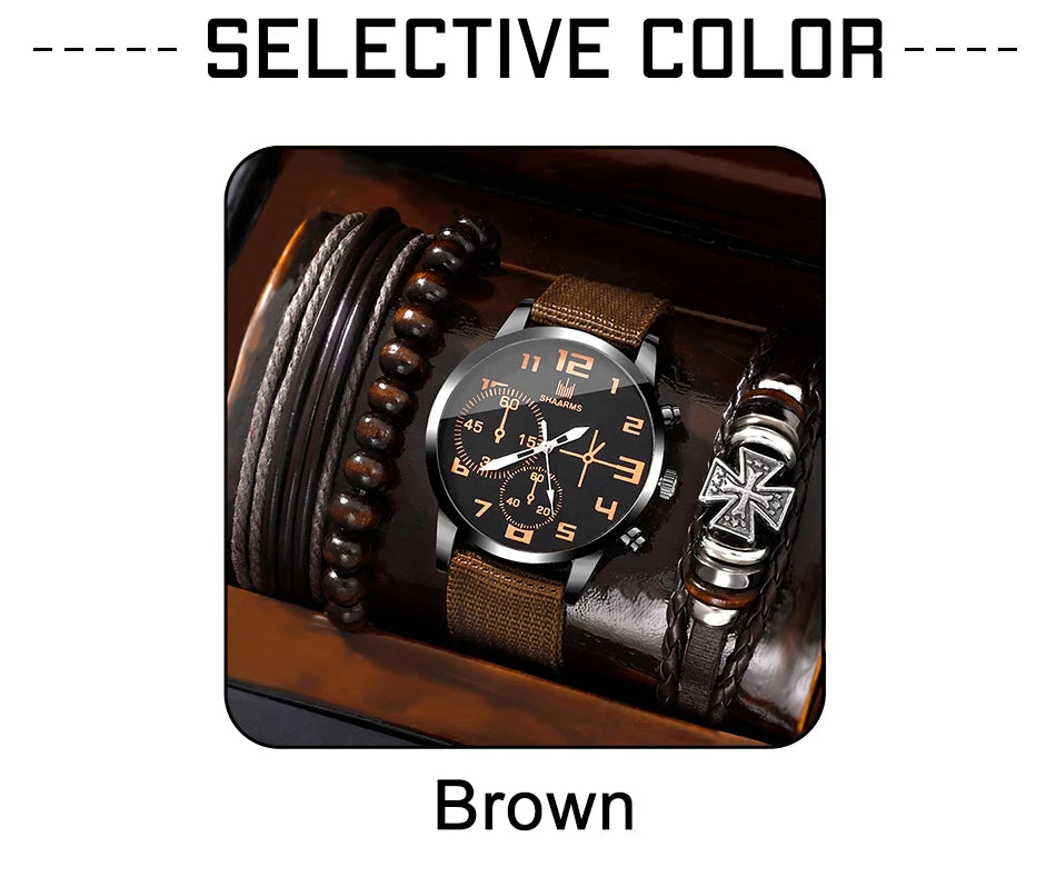 Men's 4-Piece Luxury Watch & Bracelet Set – Black Big Dial, Leather Band Quartz Watch