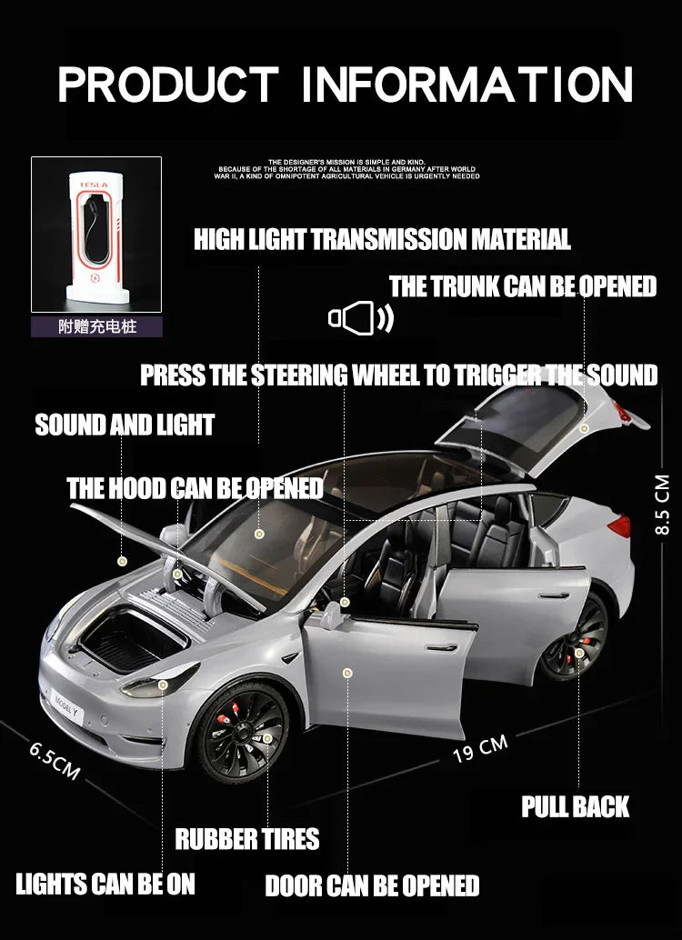 1:24 Tesla Model Y, 3, S Diecast Car – Alloy Toy with Sound & Light