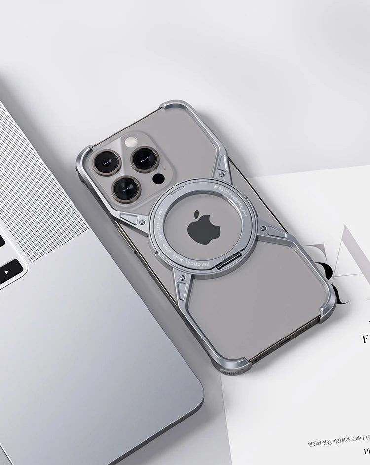 Metal Aluminum Alloy Magnetic Frameless Phone Case for iPhone 13/14/15 Pro Max - 360° Rotating Bumper, Shockproof Design