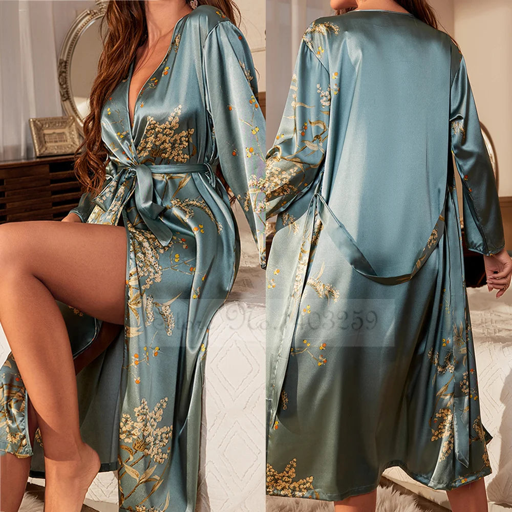 Floral Print Satin Kimono Robe - Women's Long Bathrobe Sleepwear