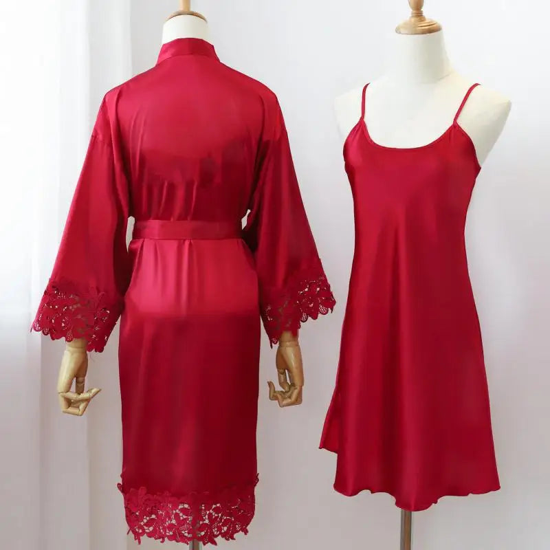 Women's Lace Wedding Robe Set - Intimate Sleepwear Kimono Gown