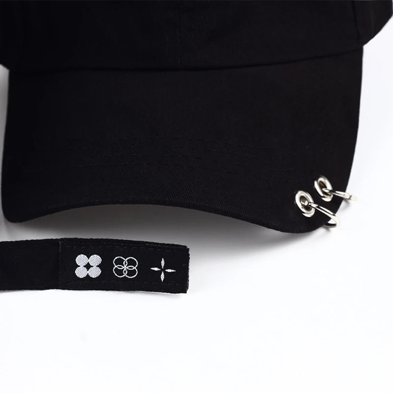 Unisex Adjustable Black Baseball Cap with Metal Rings
