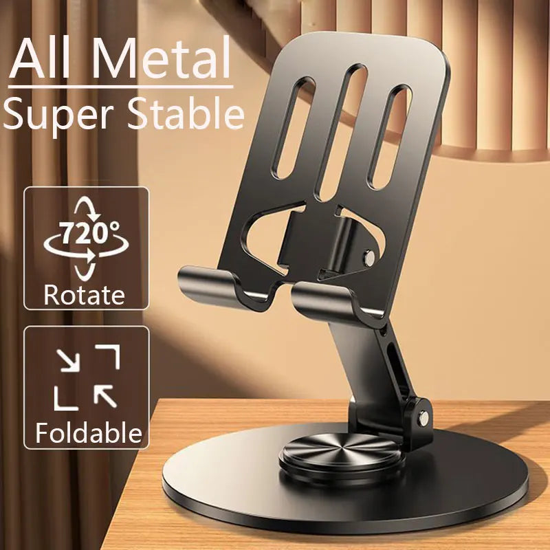 All-Metal Aluminum 360° Rotating Phone Holder – Universal Foldable Desk Stand with Double Shaft Design, Anti-Fall Stability