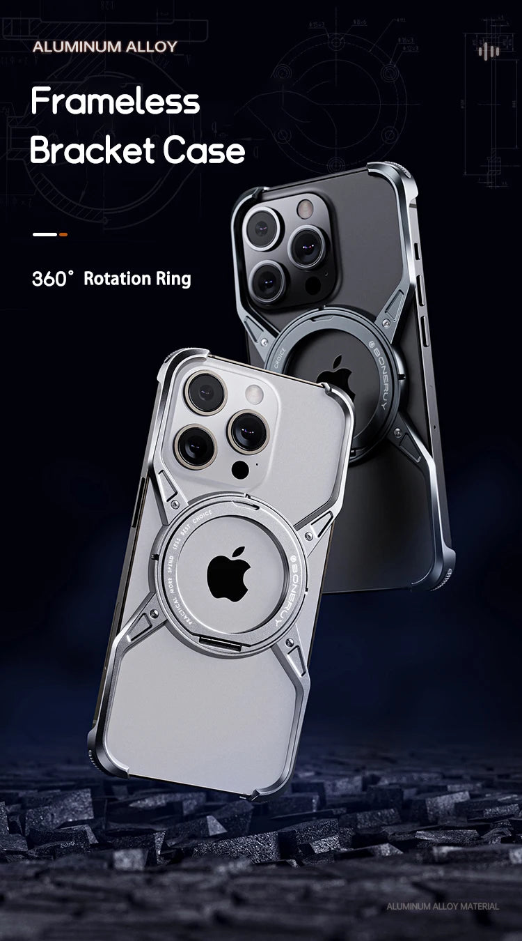 Metal Aluminum Alloy Magnetic Frameless Phone Case for iPhone 13/14/15 Pro Max - 360° Rotating Bumper, Shockproof Design