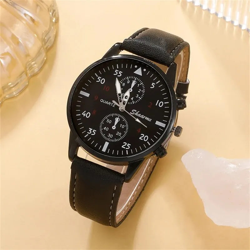 5-Piece Men's Fashion Watch & Bracelet Set – Sports Style, Leather Band Quartz Wristwatch