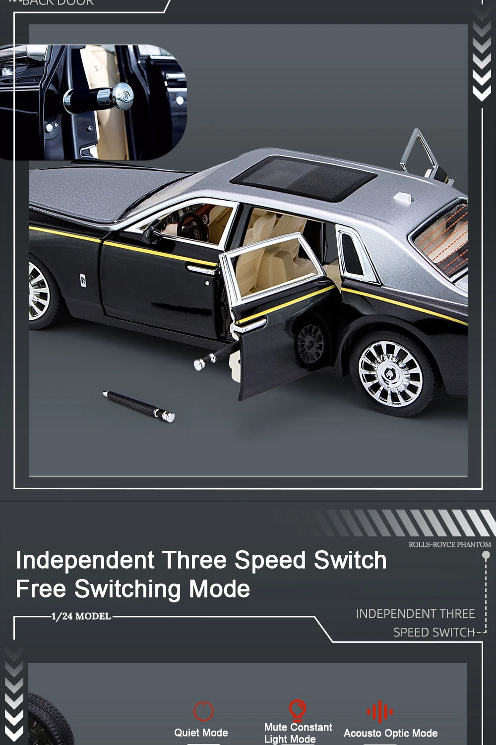 1:24 Rolls Royce Phantom Diecast Model Car – Pull Back Toy with Lights & Music