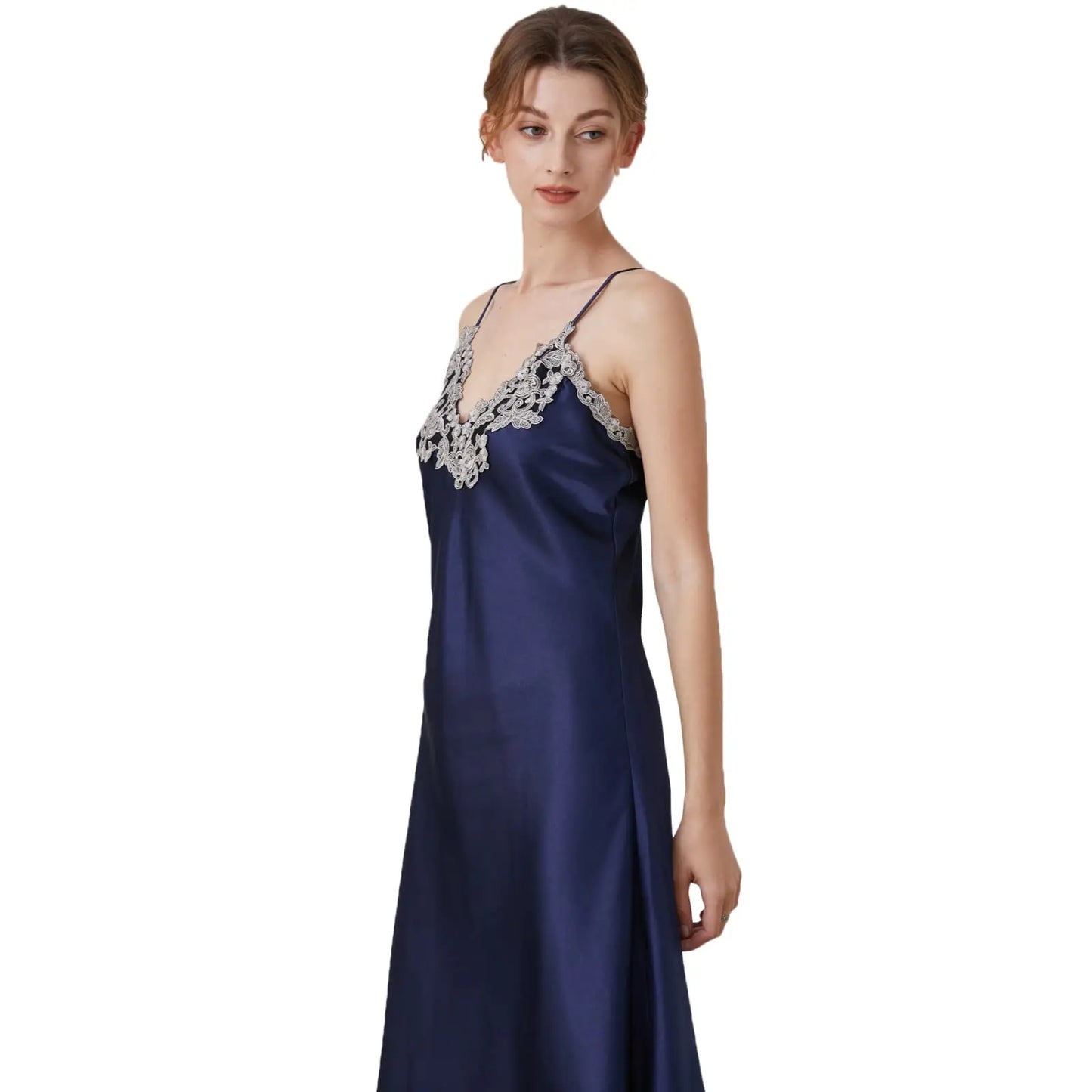 Women's Lace Satin Long Nightdress - Elegant Chemise Sleepwear
