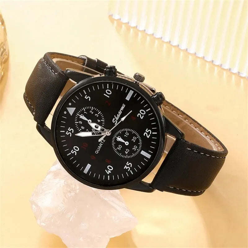 5-Piece Men's Fashion Watch & Bracelet Set – Sports Style, Leather Band Quartz Wristwatch