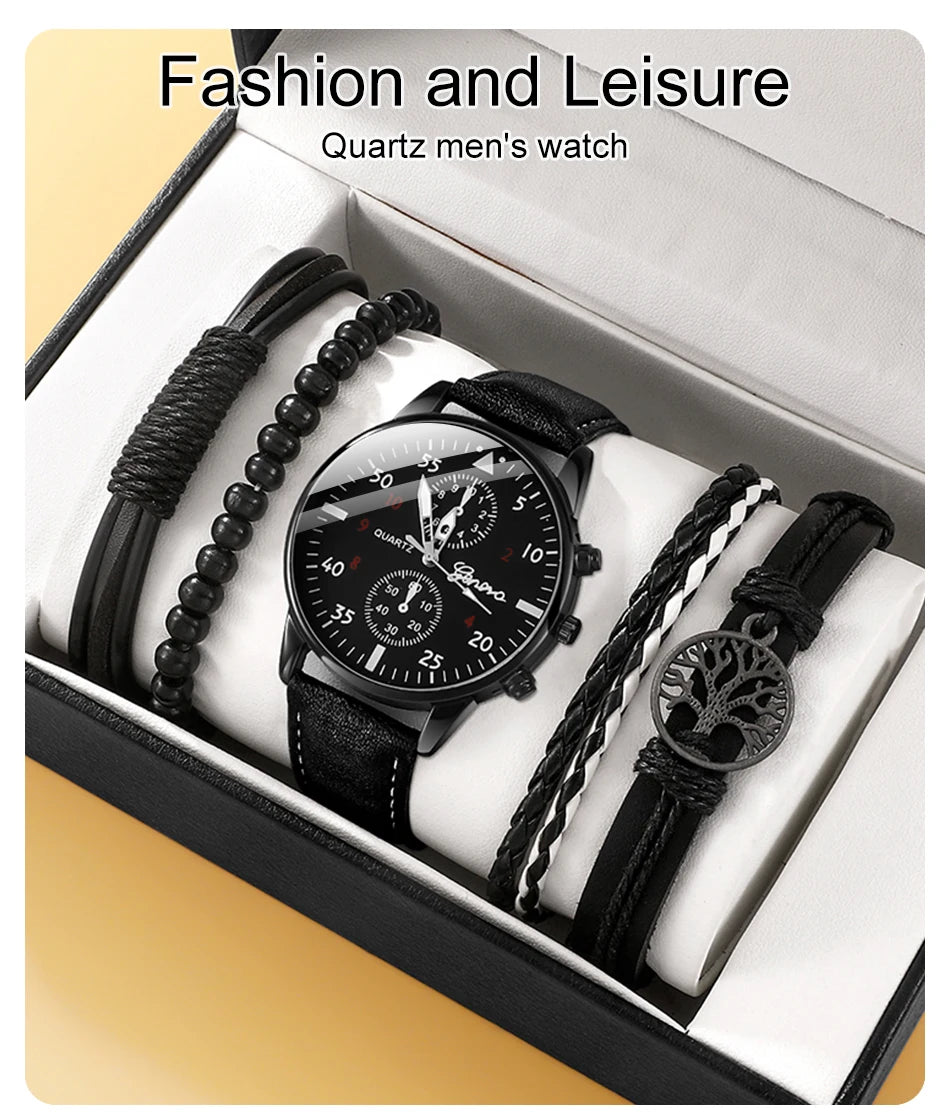 5-Piece Men's Fashion Watch & Bracelet Set – Sports Style, Leather Band Quartz Wristwatch