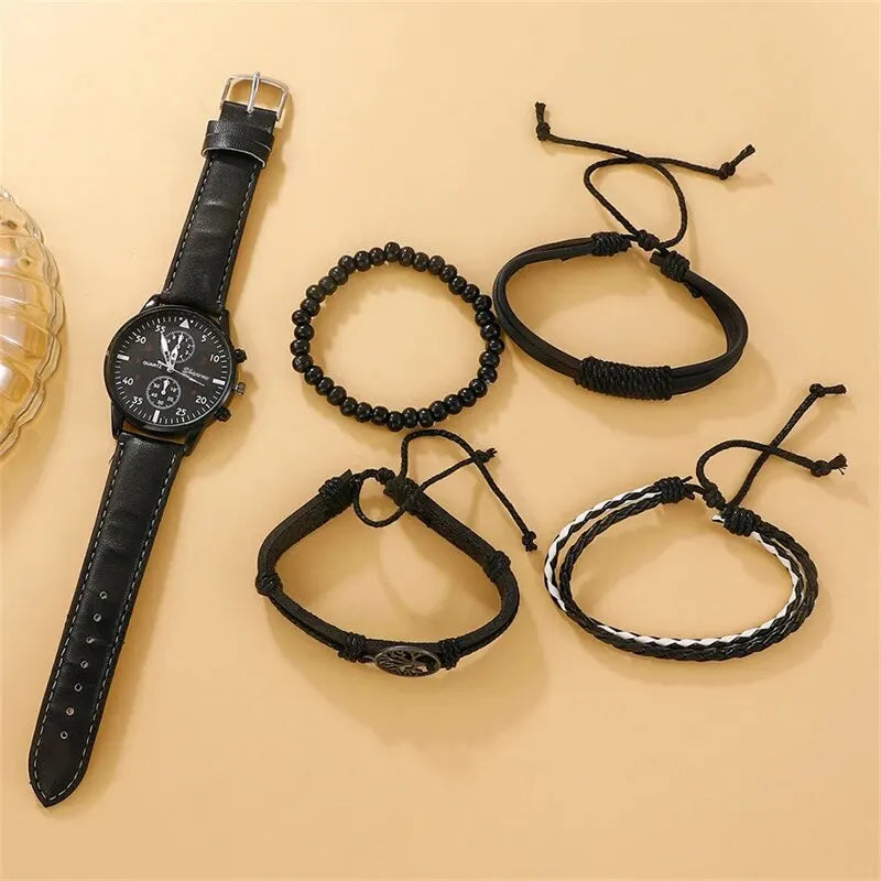 5-Piece Men's Fashion Watch & Bracelet Set – Sports Style, Leather Band Quartz Wristwatch