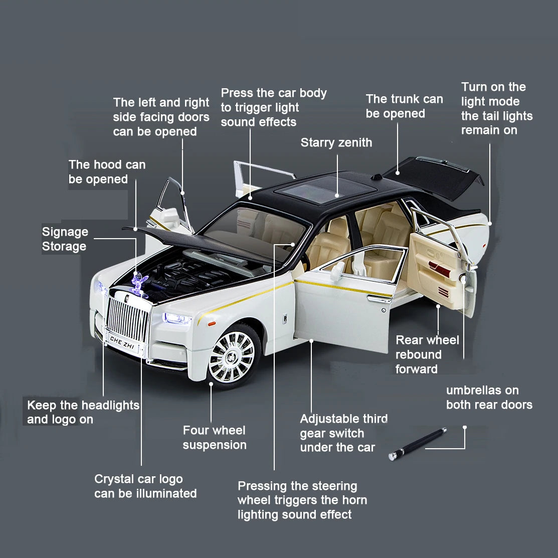 1:24 Rolls Royce Phantom Diecast Model Car – Pull Back Toy with Lights & Music