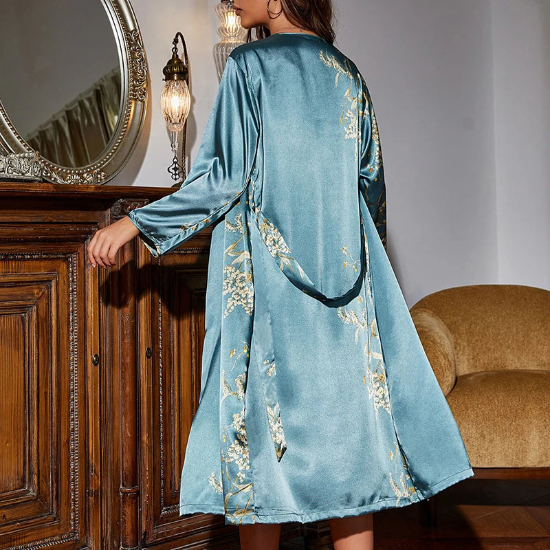 Women's Silk-Feel Floral Pajama & Night Robe Set - 2-Piece Homewear
