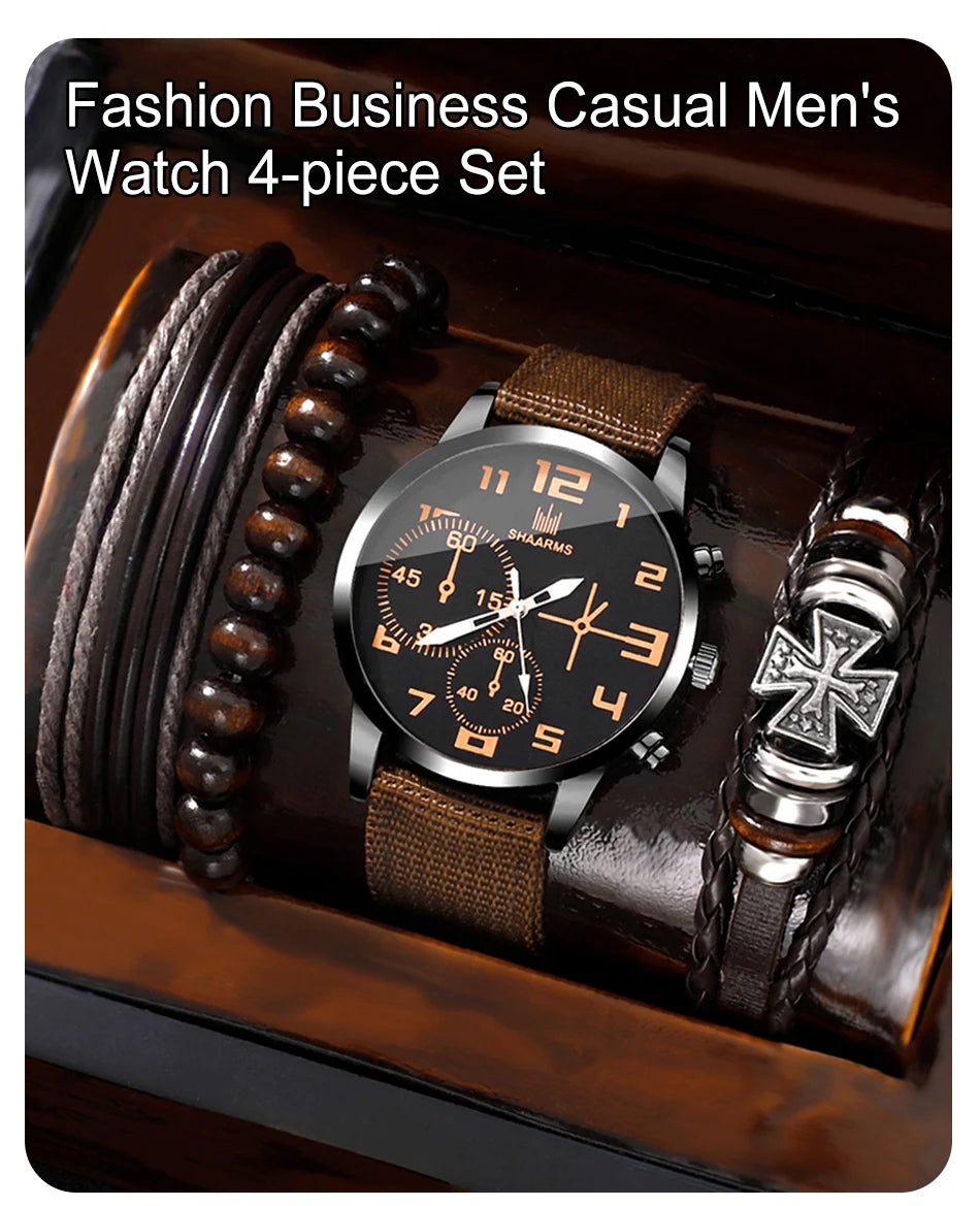 Men's 4-Piece Luxury Watch & Bracelet Set – Black Big Dial, Leather Band Quartz Watch